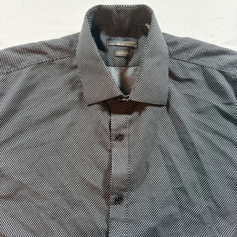 Black Label by Ruffini Dress Shirt Mens Medium Slim Fit Black White Geometric LS